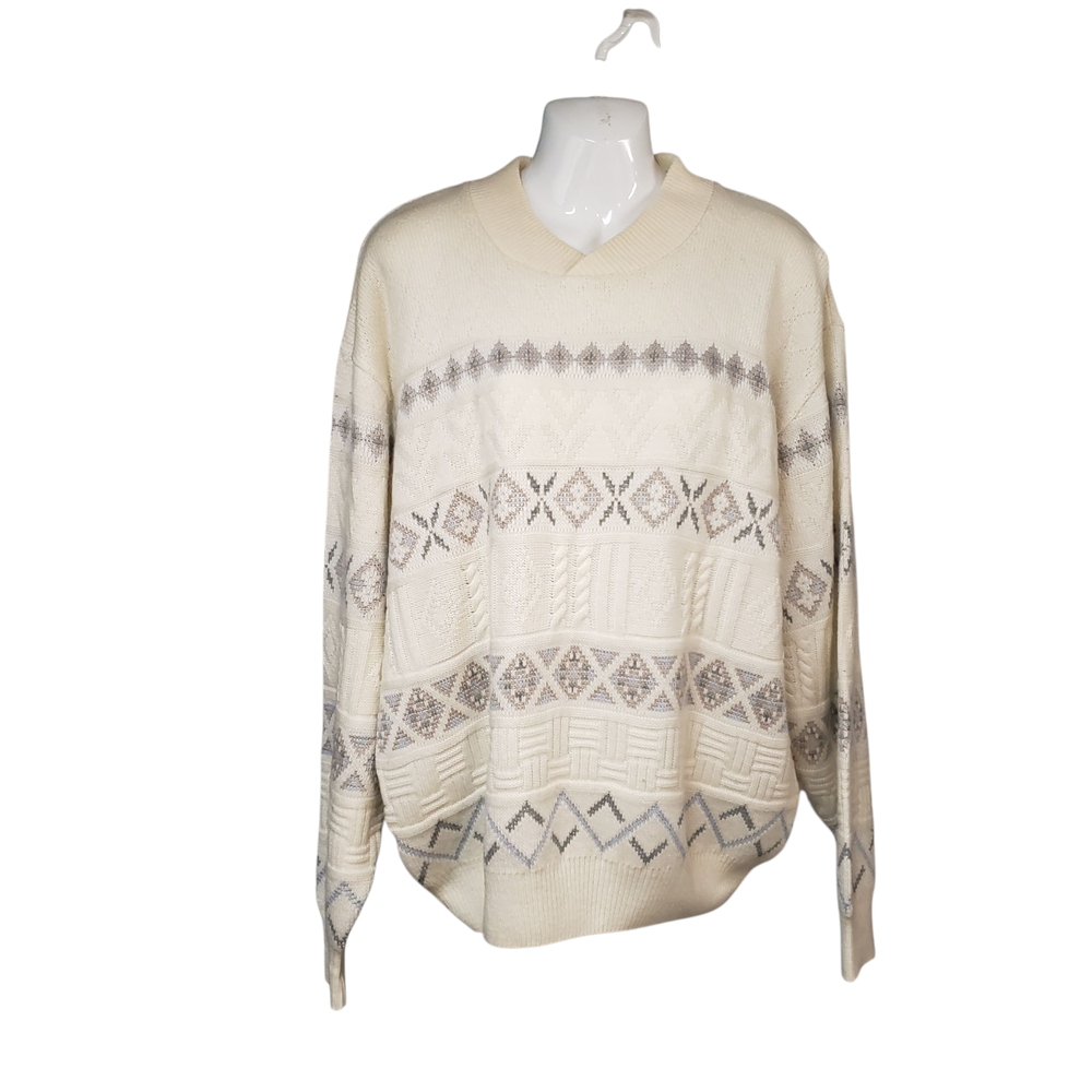 Vintage Marks & Spencer Men's Off White Gray Sweater V Neck Winter Me Size Large
